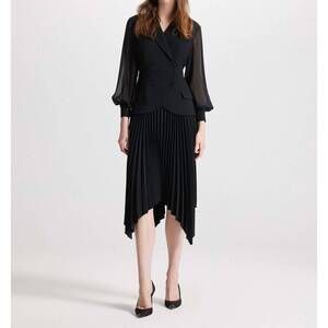 NEW THEO THE LABEL atlas crepe and chiffon pleated dress in black